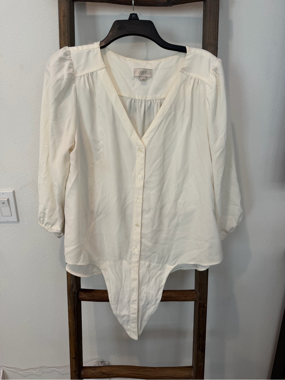 LOFT Cream Button-Front V-Neck Blouse Tie Front